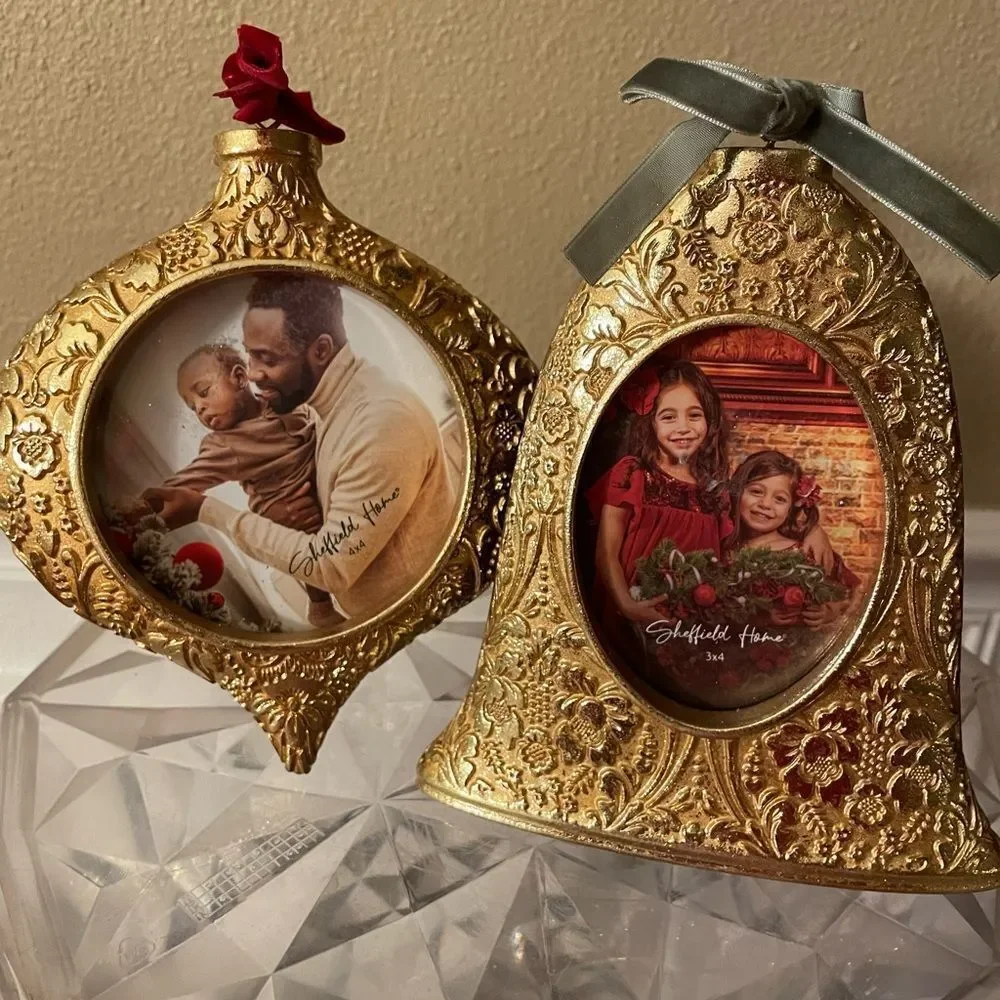 Sheffield Home Ornate Gold Ornament and Bell Shaped Picture Frames Velvet Bows